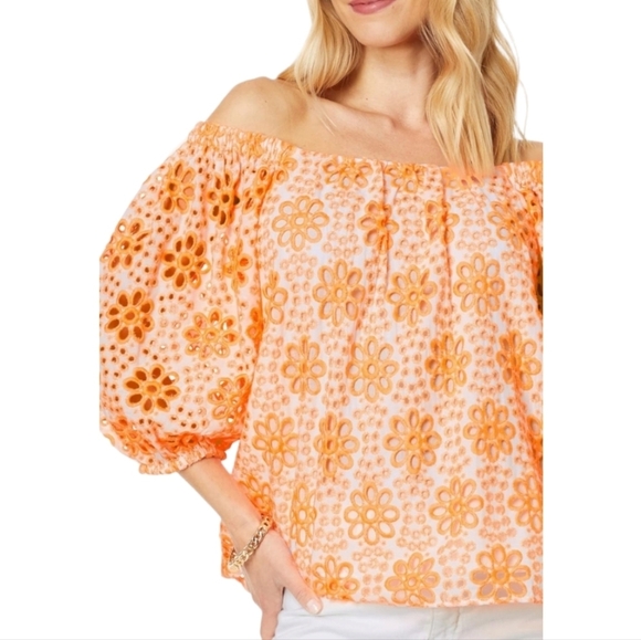 NWT Lilly Pulitzer Kerrigan Elbow Sleeve Cantaloupe Funflower Eyelet Top SZ XS - Picture 2 of 6